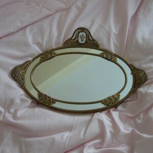 Vintage Mirrored Vanity Ornate Oval Frame Filigree Tray with Floral Designs